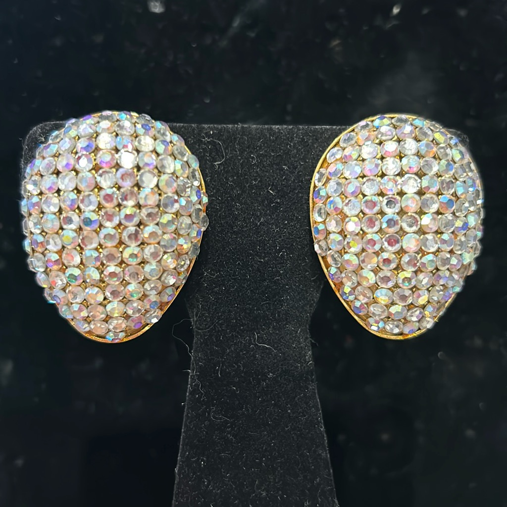 Vintage Aurora Borealis Iridescent Large Pav Crystal Button Earrings-Boutique